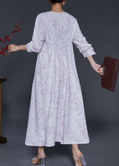 Light Purple V Neck Print Cotton Ankle Dress Spring