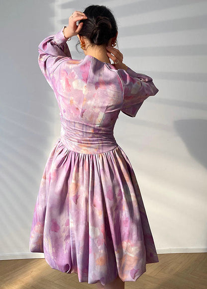 Purple V Neck Tie Dye Button Chiffon Cinch Dress Lantern Sleeve