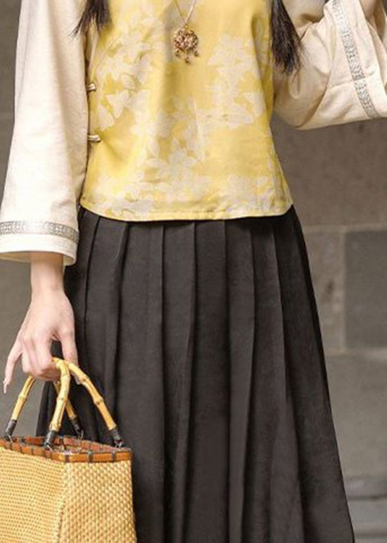 New Retro Yellow Top and Skirt Silk Two Pieces Set Autumn