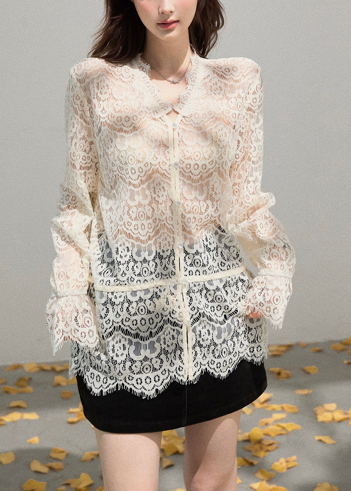 Beige Embroidered Hollow Out Lace Shirt Top Summer