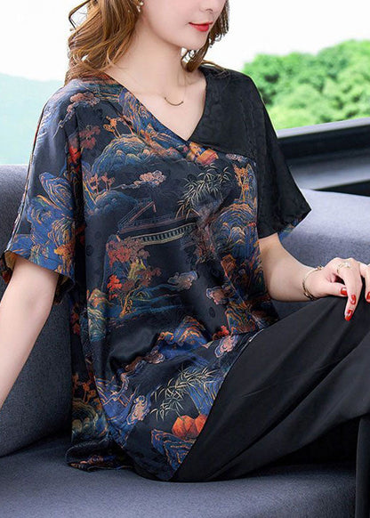 Diy Black Asymmetrical Patchwork Print Silk Shirts Short Sleeve