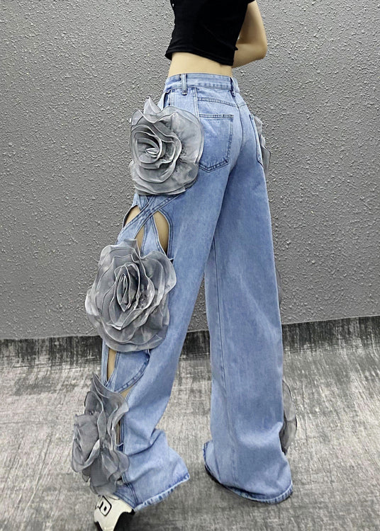 Original Design Blue Hollow Out Denim Wide Leg Pants Fall