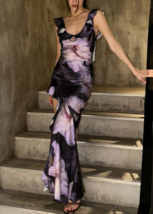 Purple Ruffled Asymmetrical Print Cotton Dress Summer