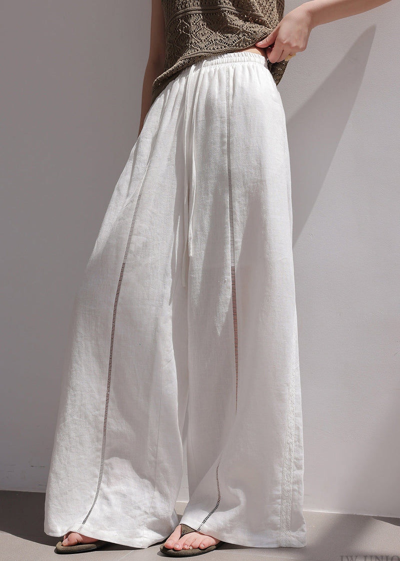 Fine White Hollow Out Drawstring Linen Wide Leg Pants Summer