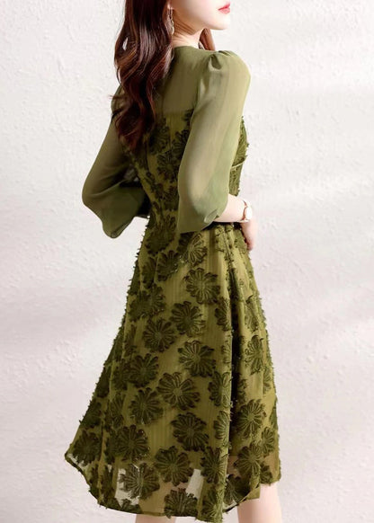 Army Green O Neck High Waist Patchwork Chiffon Dresses Fall