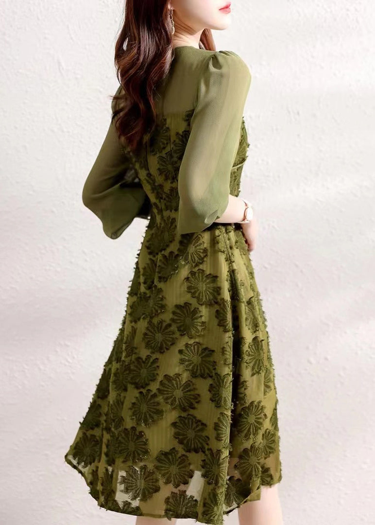 Army Green O Neck High Waist Patchwork Chiffon Dresses Fall