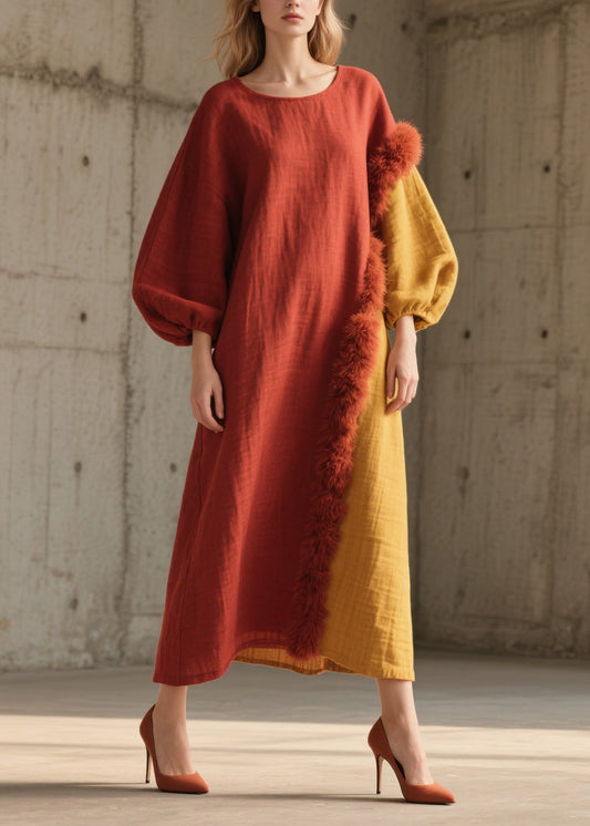 Colorblock Fuzzy Fur Fluffy Patchwork Cotton Long Dress Fall