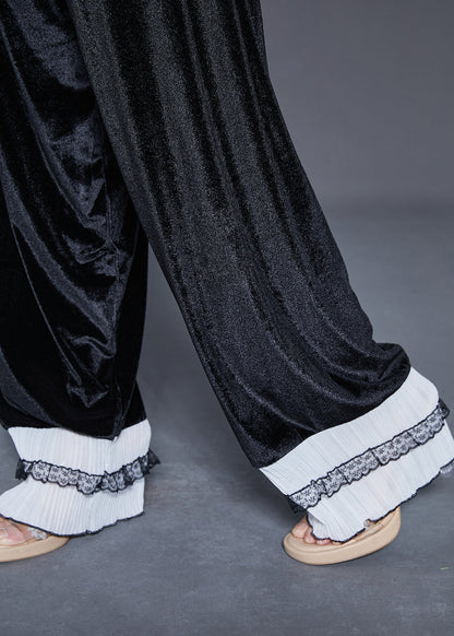 Style Black Oversized Patchwork Silk Velvet Sets 2 Pieces Fall
