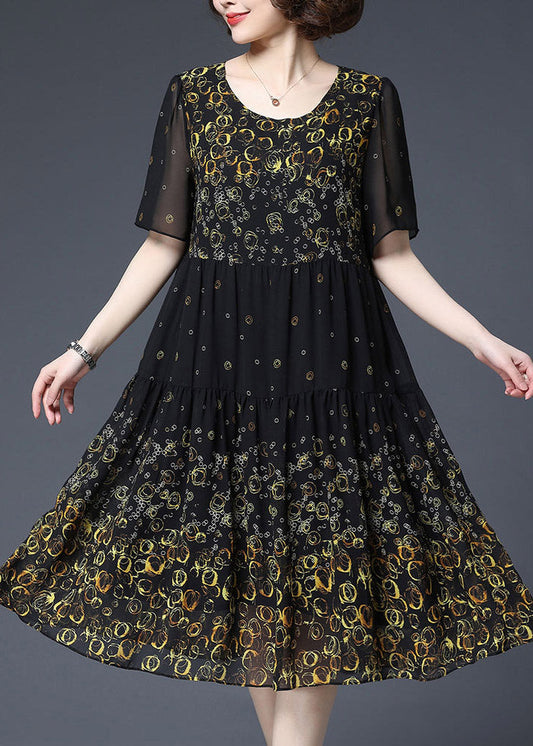 Yellow O-neck Print Wrinkled Chiffon Dress Short Sleeve