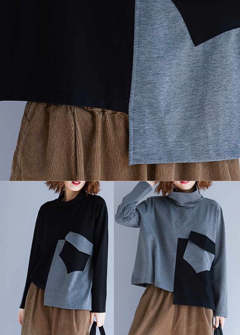 Grey Patchwork Cotton Loose Pullover Turtle Neck Spring