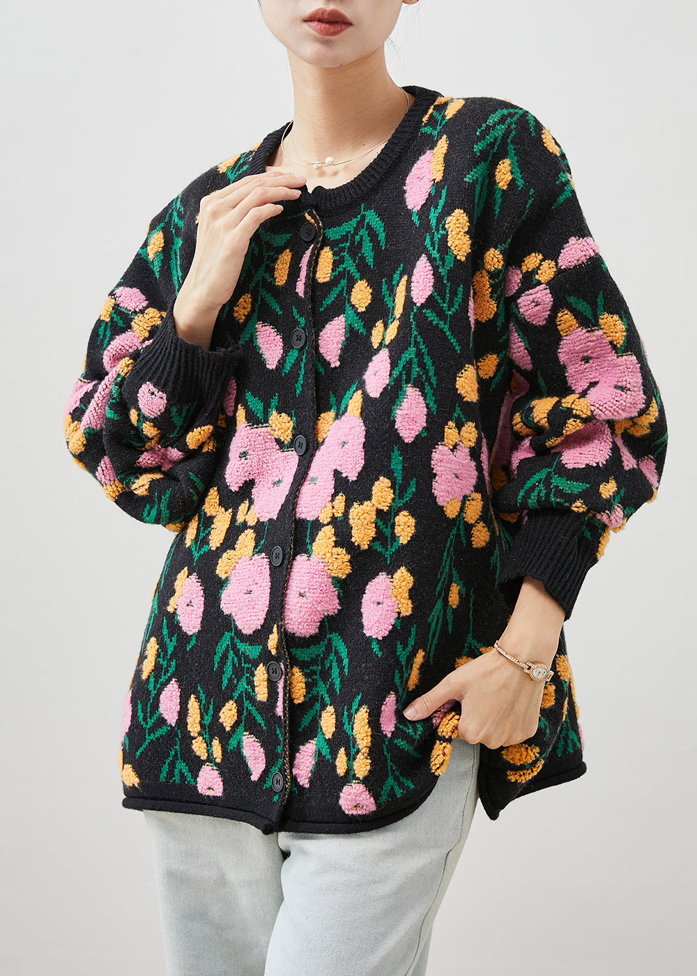 Black Jacquard Knit Cardigan O-neck Winter