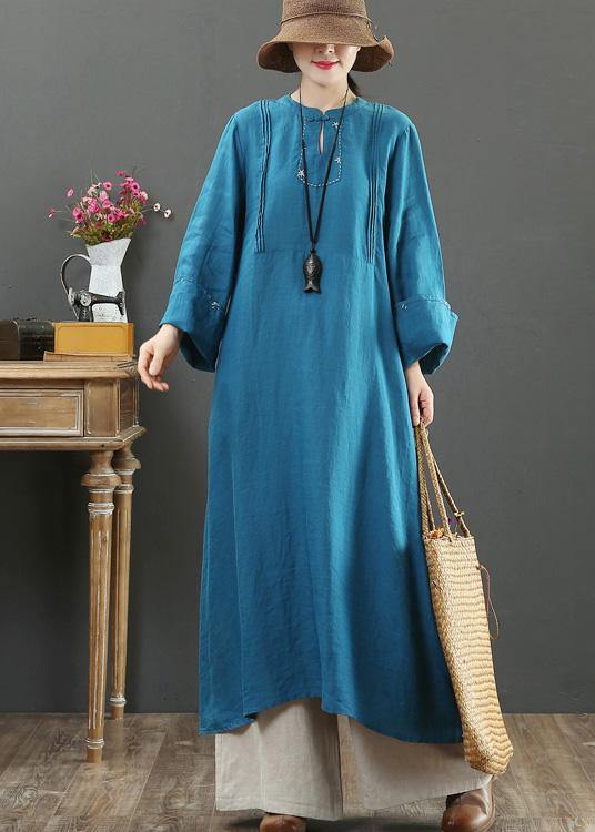 Stand Collar Pockets Spring Clothes Work Navy Long Dress
