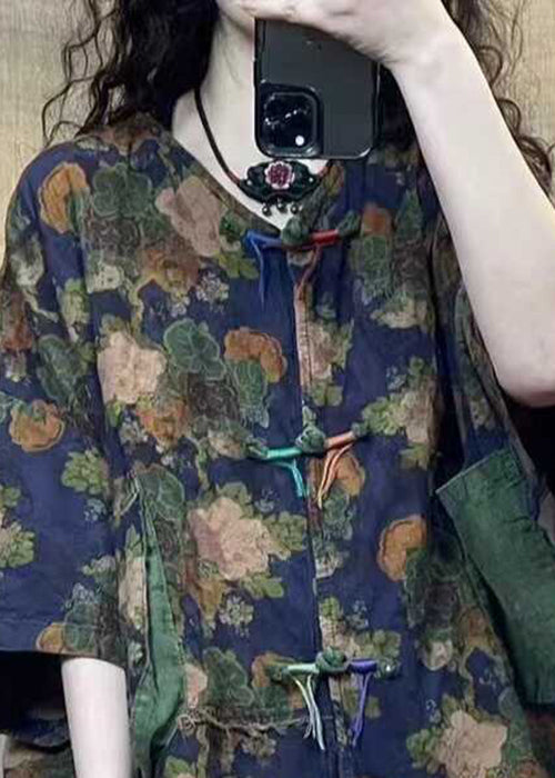 Blue Button Print Linen Blouse Half Sleeve