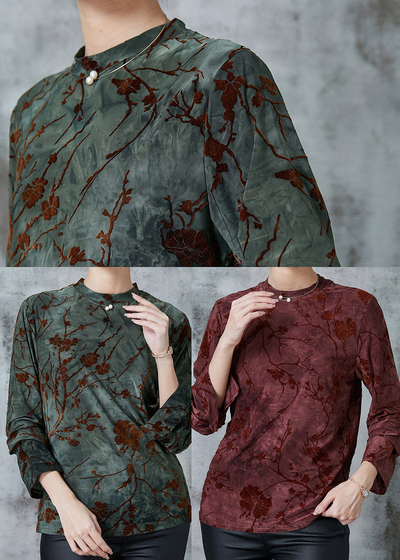 Blackish Green Jacquard Silk Velour Shirts Spring