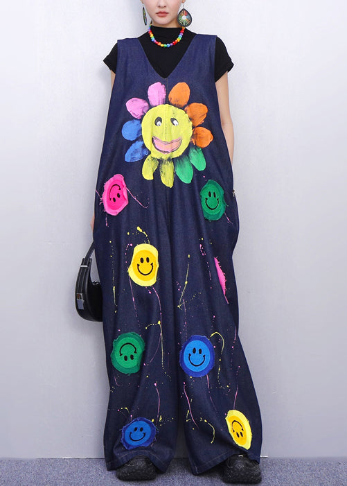 Vibrant Smiley Festooned Blue Denim Jumpsuit Look