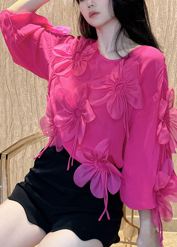 Rose O-neck Chiffon Shirt Bracelet Sleeve