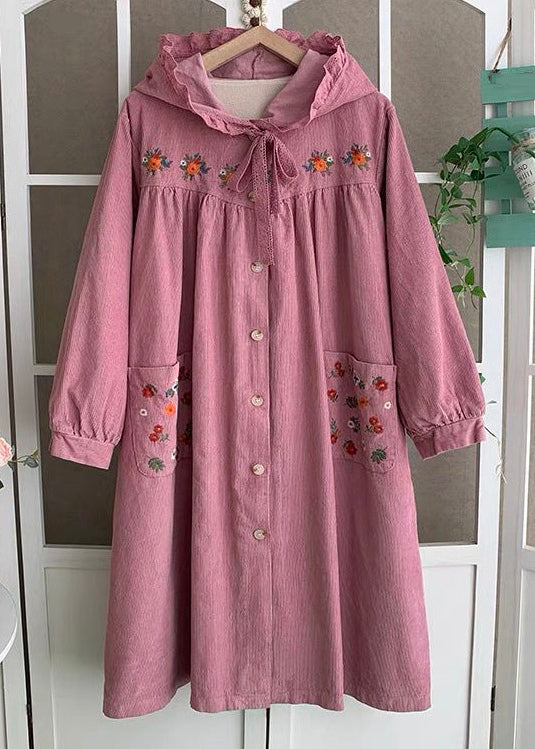 Pink Hooded Embroideried Lace Up Cotton Long Coats Spring
