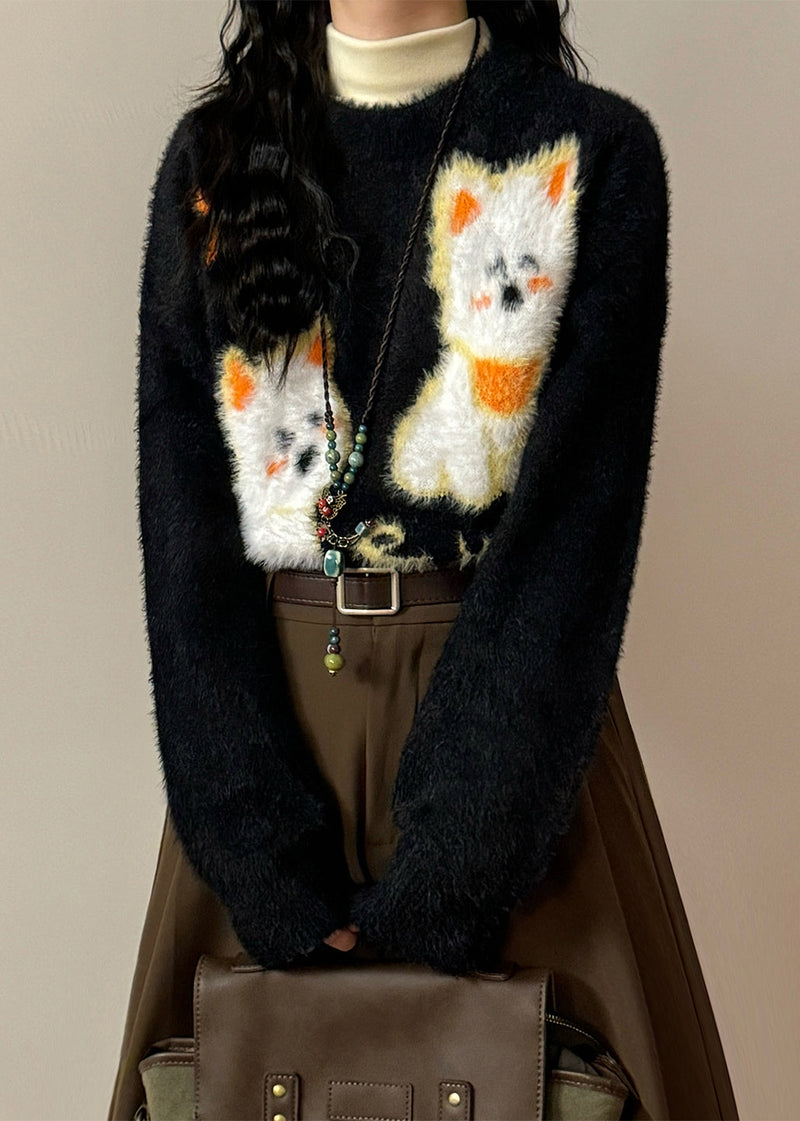 Apricot O-neck Little Dog Cozy Mink Hair Knitted Sweater Winter