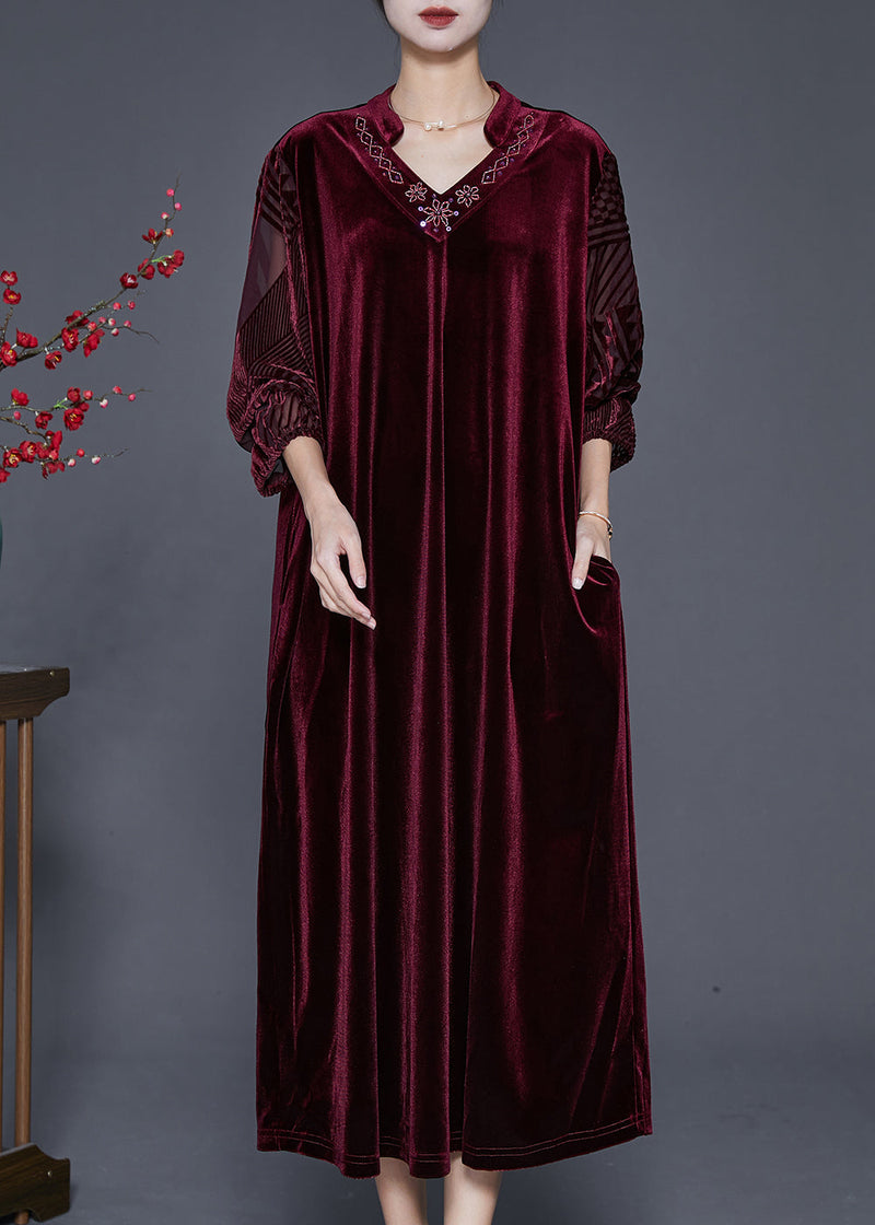 Natural Mulberry V Neck Silk Velour Maxi Dresses Fall