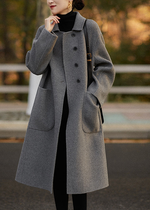 Grey Peter Pan Collar Pockets Woolen Coats Winter