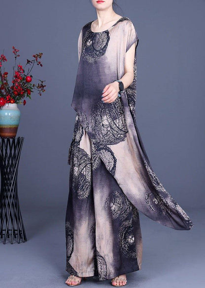 Simple Black Khaki Print Silk Asymmetrical Design Wide Leg Two Pieces Set
