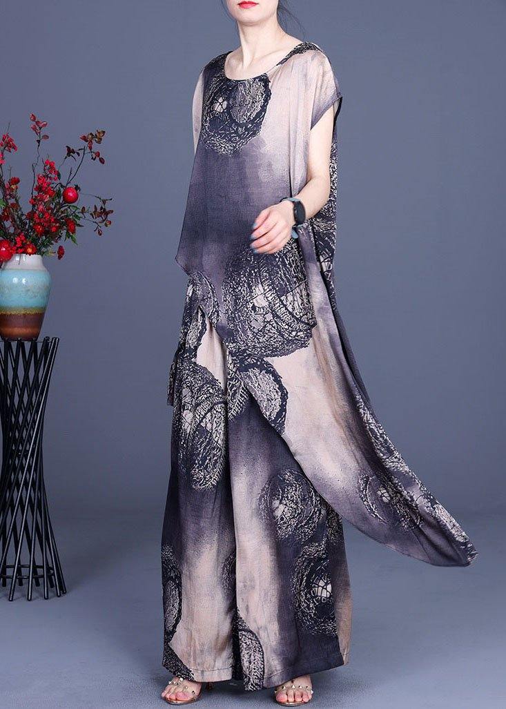 Simple Black Khaki Print Silk Asymmetrical Design Wide Leg Two Pieces Set