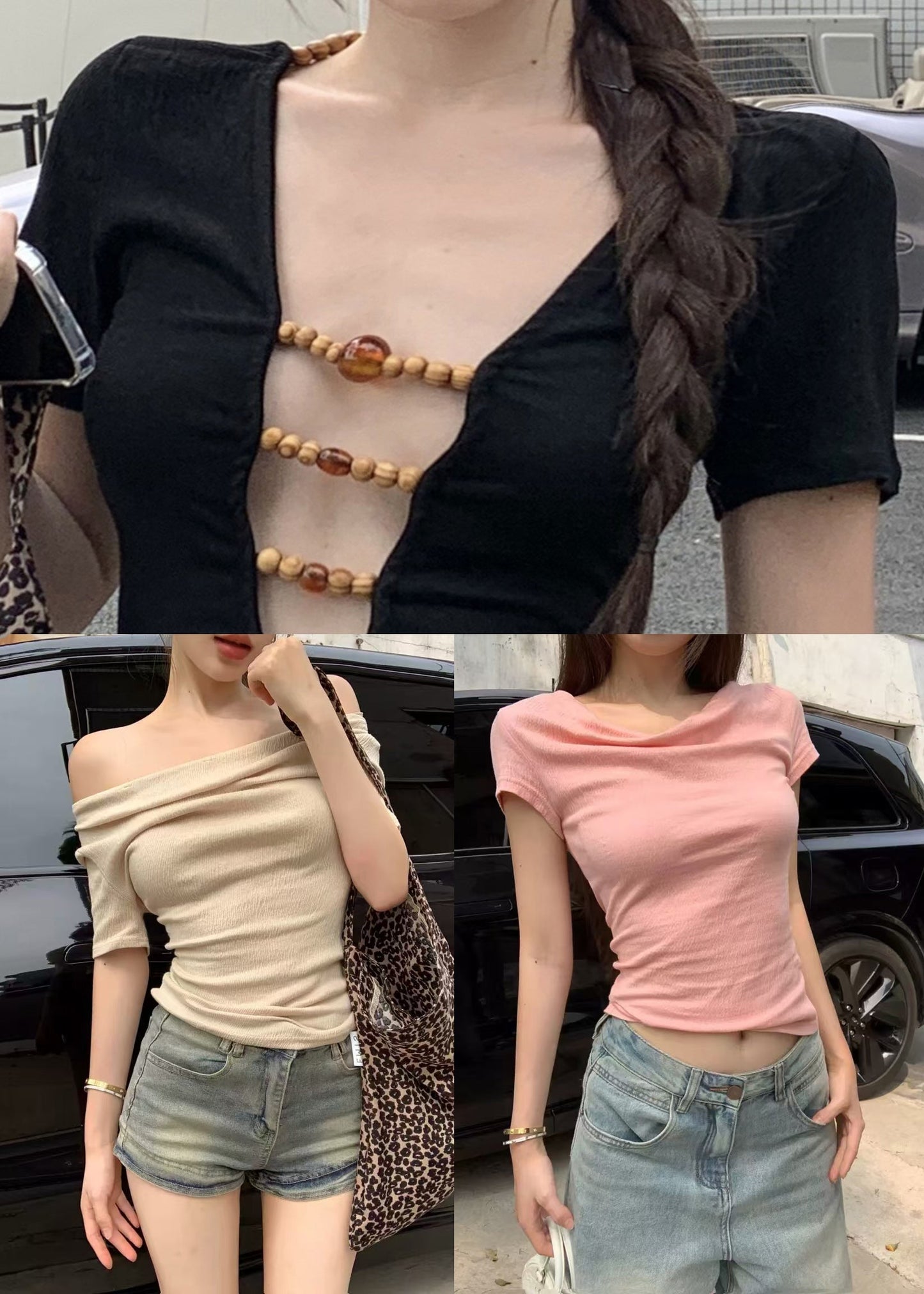 Pink Beading Wear on Both Sides Cotton T Shirts Summer