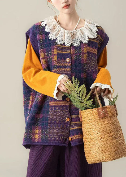 Organic Purple Plaid O-neck Cotton Knit Waistcoat Sleeveless Spring