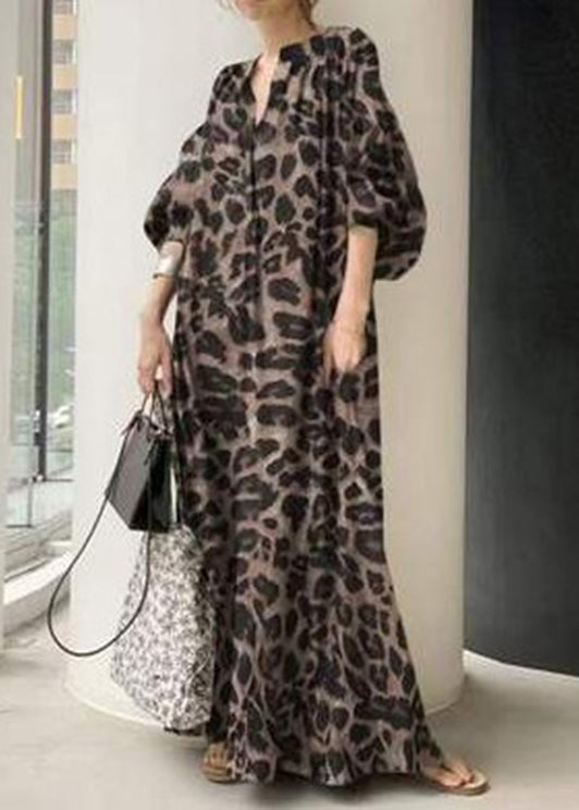 Khaki V Neck Leopard Print Chiffon Maxi Dress Puff Sleeve
