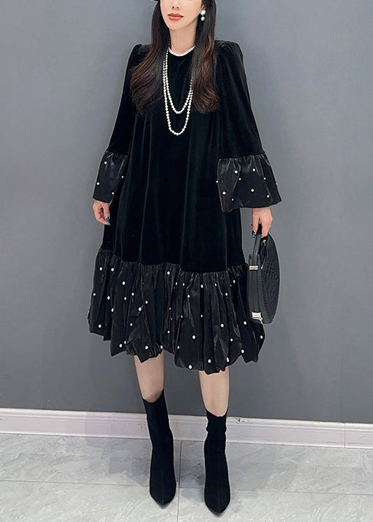 Black Zircon Patchwork Silk Velour Dress O Neck Long Sleeve