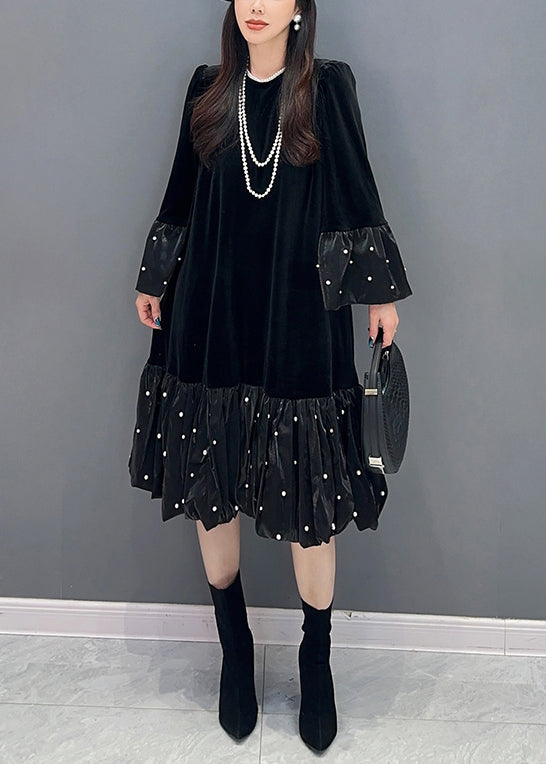 Black Zircon Patchwork Silk Velour Dress O Neck Long Sleeve