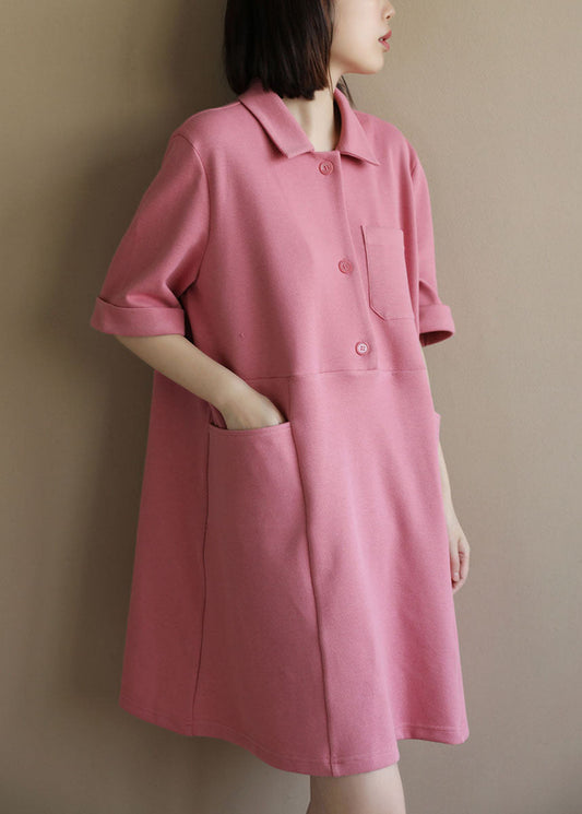 Style Pink Peter Pan Collar Big Pockets Cotton Loose Dress Short Sleeve