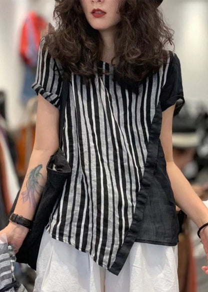 Loose Striped O-neck Patchwork Cotton T Shirts Summer