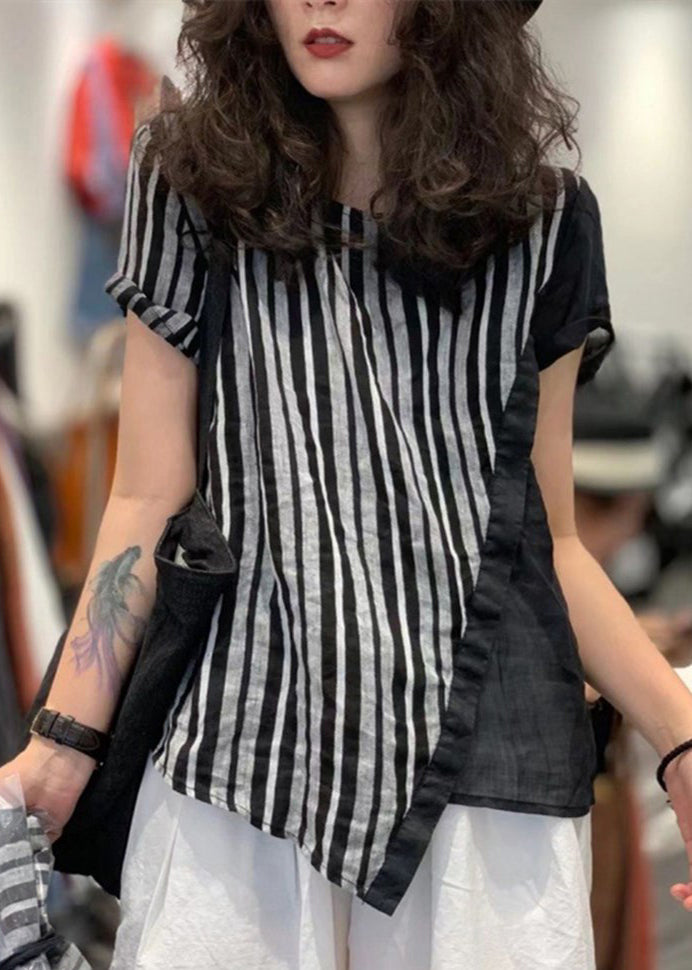 Loose Striped O-neck Patchwork Cotton T Shirts Summer