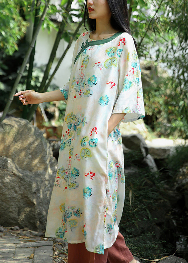 Beige Print Side Open Patchwork Cotton Dresses Bracelet Sleeve