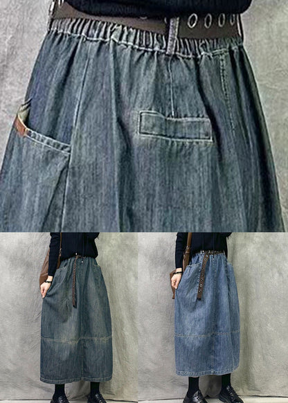 Blue Elastic Waist Patchwork Denim a Line Skirts Pockets