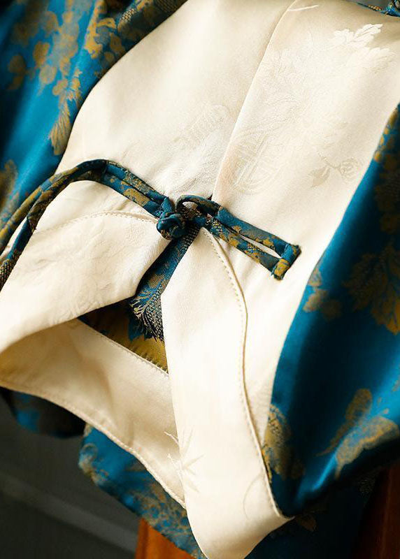 Blue Stand Collar Patchwork Jacquard Silk Shirt Top Fall