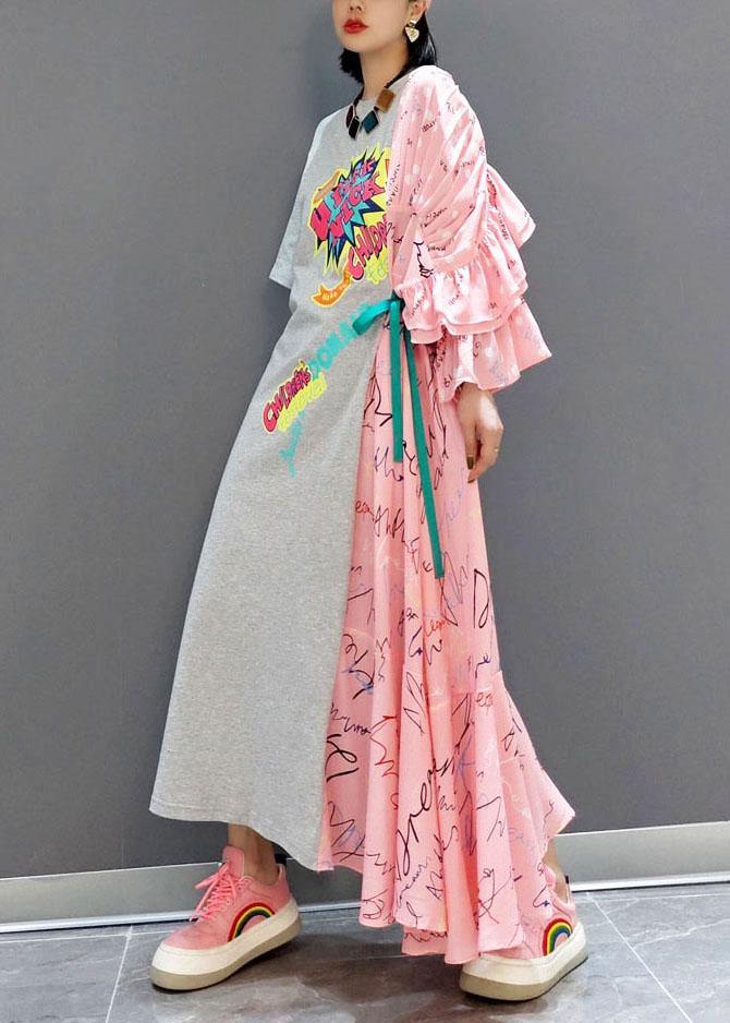 Boutique Patchwork O-neck Print Half Sleeve Asymmetrical Design Fall Cotton Long Dress
