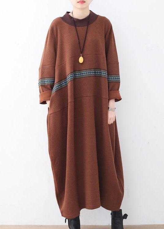 Classy Chocolate O-neck Long Sleeve Loose Fall Cotton Dress