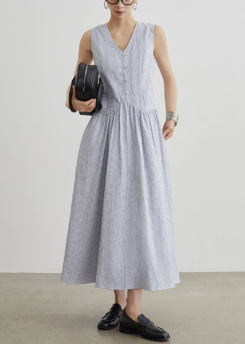 New Blue Striped Pockets High Waist Cotton Long Dresses Sleeveless