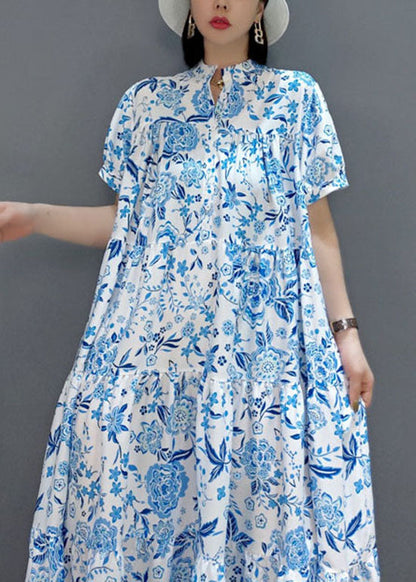 Blue Wrinkled Chiffon Long Dress Short Sleeve Summer