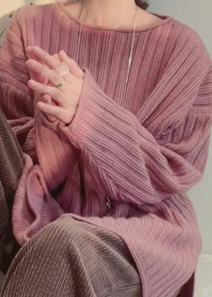 Cozy Pink O Neck Patchwork Knitted Tops Spring