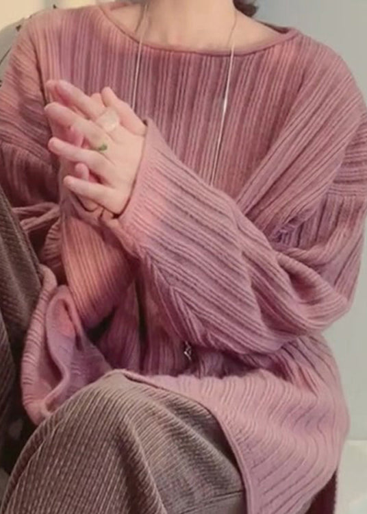 Cozy Pink O Neck Patchwork Knitted Tops Spring