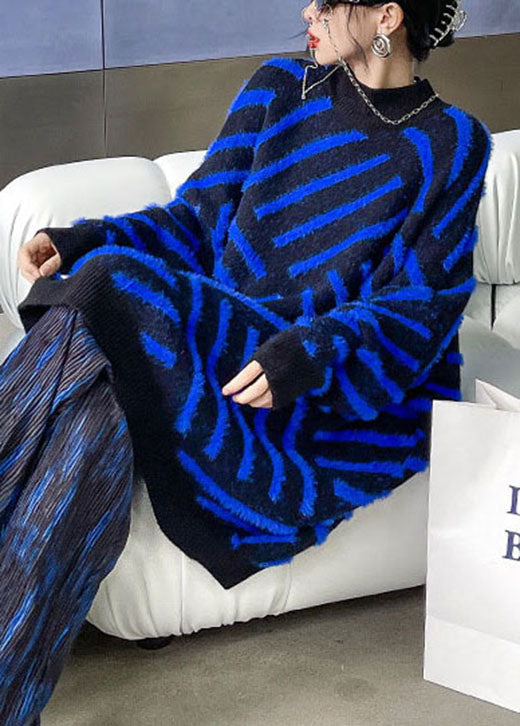 Blue Striped Mink Velvet Fall Knit Sweaters