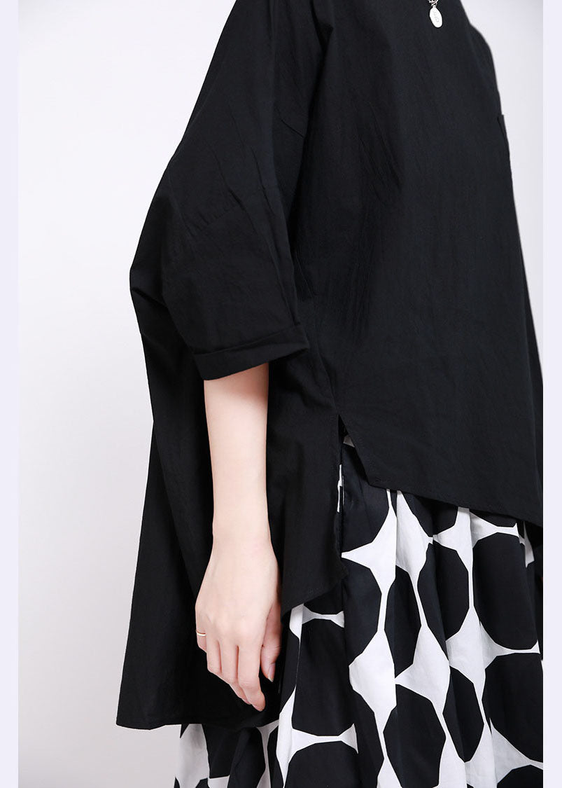 Classy Black O-neck Oversized Side Open Cotton Blouses Batwing Sleeve