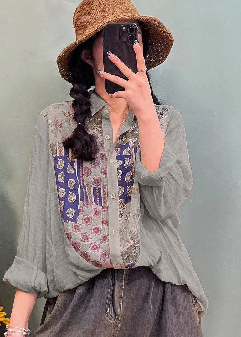 Style Orange Button Peter Pan Collar Print Patchwork Shirt Spring
