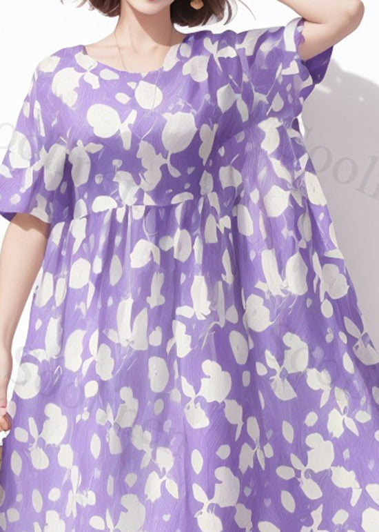 Purple O-neck Print Wrinkled Silk Dress Summer