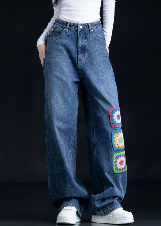 Blue Embroidered Pockets Denim Straight Pants Fall