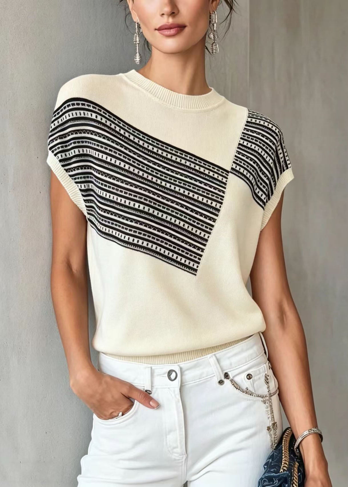 White O Neck Print Thin Knit Blouse Tops Summer