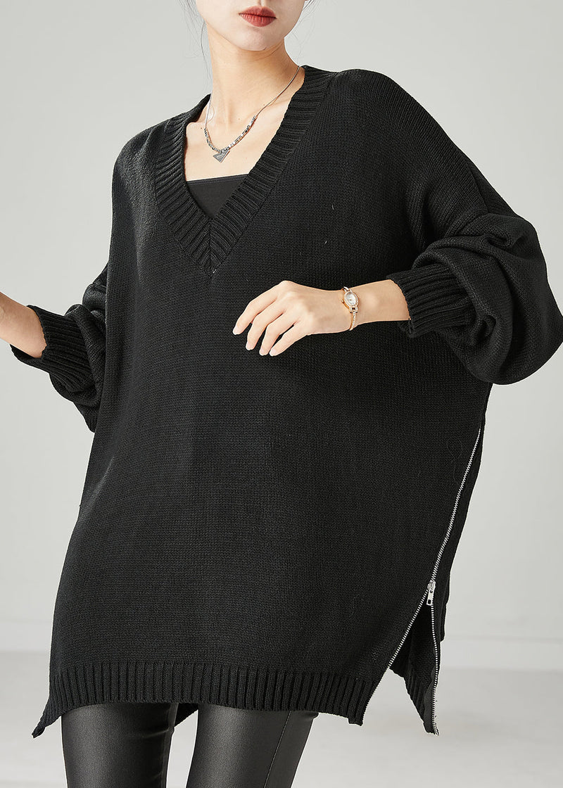 Black Oversized Side Open Knit Sweaters Spring